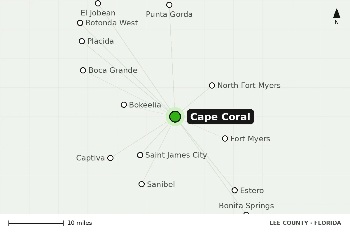 Map of Cape Coral, FL and nearby cities we serve